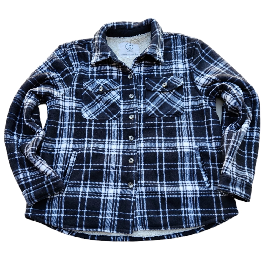 Sage Collective Shacket Fleece Lined Shirt Jacket Black White Plaid Top L/G